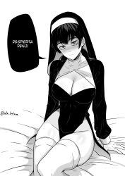 Rule 34 | 1girl, absurdres, black dress, blush, breasts, chainsaw man, dress, female focus, gratam, habit, highres, large breasts, looking at viewer, low twintails, mitaka asa, monochrome, nun, pelvic curtain, robe, solo, thighhighs, twintails