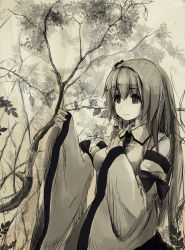 Rule 34 | 1girl, absurdres, bare shoulders, bow, detached sleeves, hair ornament, hand on own chest, highres, hoshino arika, kochiya sanae, long hair, monochrome, nature, sepia, sketch, snake, snake hair ornament, solo, touhou, upper body, wide sleeves