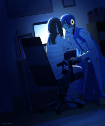 Rule 34 | 1boy, 1girl, backlighting, bed, blue hair, blue scarf, blush, bookshelf, brown hair, chair, coat, commentary, desk, hands on another&#039;s cheeks, hands on another&#039;s face, headphones, hetero, highres, imminent kiss, indoors, kaito (vocaloid), leaning forward, long sleeves, master (vocaloid), medium hair, microphone, monitor, nokuhashi, office chair, open mouth, pajamas, photo (object), scarf, shirt, short hair, signature, smile, striped clothes, striped legwear, striped shirt, striped thighhighs, swivel chair, thighhighs, vocaloid, white coat