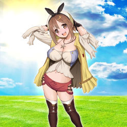 Rule 34 | 1girl, atelier (series), atelier ryza, atelier ryza 1, blush, breasts, brown eyes, brown hair, cleavage, day, grass, hair ornament, hairclip, harukigenia, hat, jewelry, large breasts, looking at viewer, navel, necklace, open mouth, outdoors, red shorts, reisalin stout, short shorts, shorts, sky, smile, solo, standing, thighhighs, thighs