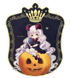 Rule 34 | 1girl, absurdly long hair, ayu (mog), black dress, black footwear, boots, bow, bowtie, bright pupils, brown eyes, closed mouth, demon horns, dress, english text, grey hair, happy halloween, heart, holding, horns, jack-o&#039;-lantern, long hair, looking at viewer, original, puffy short sleeves, puffy sleeves, pumpkin, red bow, red bowtie, short sleeves, simple background, sitting, solo, thighhighs, very long hair, white background, white pupils, white thighhighs, wrist bow