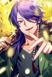 Rule 34 | 1boy, :d, arisugawa dice, black shirt, blurry, blurry foreground, coin, fur trim, glint, green jacket, hair over one eye, hands up, highres, holding, holding microphone, hypnosis mic, jacket, kazari tayu, long sleeves, looking at viewer, male focus, microphone, open mouth, parted bangs, pink eyes, purple hair, shirt, smile, solo, yellow background