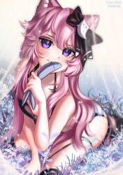 Rule 34 | 1girl, animal, animal ear fluff, animal ears, artist name, black bow, black thighhighs, bow, breasts, cat ears, cat girl, chenchen, collarbone, fang, fish, flower, grass, hair bow, highres, holding, holding animal, holding fish, indie virtual youtuber, kneeling, long hair, medium breasts, mole, mole on arm, mole on breast, nyatasha nyanners, pink hair, purple eyes, solo, thighhighs, virtual youtuber