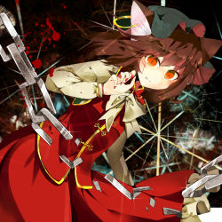Rule 34 | 1girl, animal ears, blood, blood on face, bow, bowtie, broken, broken chain, brown eyes, brown hair, cat ears, chain, chain, chen, crushing, ear piercing, elbow gloves, glint, gloves, grey bow, grey bowtie, hat, long skirt, nail polish, piercing, red nails, red skirt, skirt, solo, tamagogayu1998, touhou