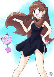 Rule 34 | 1girl, absurdres, alternate eye color, armpits, badge (pokemon), bare shoulders, black dress, breasts, brown eyes, brown hair, cloud, cloudy sky, creatures (company), day, ditto, dress, earrings, eyelashes, female focus, floating, floating hair, game freak, gen 1 pokemon, gloves, green (pokemon), hand on own hip, hand up, happy, highres, holding, holding poke ball, huge filesize, ida (idalol490), jewelry, jigglypuff, legs, long hair, looking at viewer, medium breasts, neck, nintendo, open mouth, outdoors, parted bangs, poke ball, pokemon, pokemon adventures, shiny clothes, shiny skin, short dress, side slit, sidelocks, sky, sleeveless, sleeveless dress, sleeveless turtleneck, standing, thighs, turtleneck, turtleneck dress, waist poke ball, white gloves