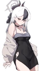 Rule 34 | 1girl, absurdres, black choker, black dress, black hair, black horns, blue archive, blush, breasts, choker, cleavage, closed mouth, collarbone, cowboy shot, demon horns, dress, grey halo, grey jacket, hair between eyes, halo, highres, horns, jacket, kayoko (blue archive), kayoko (dress) (blue archive), long hair, long sleeves, medium breasts, multicolored hair, official alternate costume, open clothes, open jacket, red eyes, simple background, solo, white background, white hair, wizast
