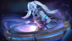 Rule 34 | 1girl, artist name, bare shoulders, blue eyes, blue skin, bridal gauntlets, choker, colored skin, dress, freckles, glowing, highres, jewelry, league of legends, long hair, ring, signature, smile, solo, sona (league of legends), space, twintails, vandalla007, white hair