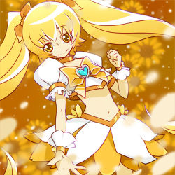 Rule 34 | 10s, 1girl, bad id, bad pixiv id, blonde hair, bow, brooch, cure sunshine, hair ribbon, heart, heart brooch, heartcatch precure!, jewelry, long hair, lowres, magical girl, midriff, myoudouin itsuki, navel, orange skirt, precure, ribbon, shiratama (ck259), skirt, solo, twintails, very long hair, yellow background, yellow bow, yellow eyes, yellow theme