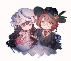 Rule 34 | 2girls, :o, bag, black hair, black skirt, bow, brick floor, brown hair, chibi, collared shirt, curly hair, dress, eyewear strap, feathers, flower, from above, glasses, gown, green eyes, green feathers, green hat, green jacket, hand up, hat, hat bow, hat feather, hat flower, highres, holding, holding bag, holding hands, isolde (reverse:1999), jacket, juliet sleeves, kakania (reverse:1999), long dress, long hair, long skirt, long sleeves, looking at viewer, looking up, low ponytail, multiple girls, muonrei00, neck ribbon, puffy sleeves, purple eyes, red ribbon, reverse:1999, ribbon, round eyewear, shirt, skirt, sun hat, very long hair, white background, white bow, white dress, white hat, white shirt, white veil, yellow flower