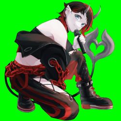Rule 34 | 1girl, black footwear, black hair, black jacket, black nails, black pants, blue eyes, chain, closed mouth, cropped jacket, cross-laced pants, demon girl, demon horns, demon tail, ear chain, ear piercing, full body, gin (tttetu123), green background, highres, holding, holding microphone, horns, jacket, looking at viewer, microphone, multicolored hair, nail polish, nanashi inc., open clothes, open jacket, pants, piercing, pointy ears, red hair, red pants, ryugasaki rene, ryugasaki rene (1st costume), shoes, short hair, simple background, smile, sneakers, solo, sugar lyric, tail, two-tone hair, two-tone pants, virtual youtuber, zipper