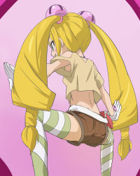 Rule 34 | 1girl, armpit peek, ass, blonde hair, gloves, green eyes, haruyama kazunori, heybot!, kasrina, midriff, outstretched arms, shorts, solo, squatting, striped clothes, striped thighhighs, thighhighs, twintails, white gloves, wrists extended