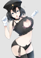 Rule 34 | 10s, 1girl, akitsu maru (kancolle), bell, black eyes, black hair, black hat, blush, breasts, cat cutout, cat ear panties, cat lingerie, cleavage, cleavage cutout, clothing cutout, gloves, hat, hiba (p-p-purin), jingle bell, kantai collection, large breasts, looking at viewer, meme attire, navel, open mouth, panties, paw pose, short hair, side-tie panties, solo, thighhighs, underwear, white gloves