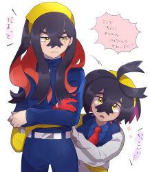 Rule 34 | 1boy, 1girl, age difference, ahoge, backpack, bag, behind another, belt, black hair, blue jacket, blue pants, breasts, brother and sister, carmine (pokemon), chiimako, child, collared jacket, colored inner hair, creatures (company), crossed arms, crossed bangs, emphasis lines, eyebrows hidden by hair, fanny pack, game freak, gloves, hair between eyes, hairband, height difference, jacket, japanese text, kieran (pokemon), leaning to the side, long hair, long sleeves, looking at another, looking at viewer, medium breasts, medium hair, mole, mole on neck, mole under eye, motion lines, multicolored hair, necktie, nintendo, open mouth, pants, pokemon, pokemon sv, red hair, red necktie, school uniform, serious, shy, siblings, sidelocks, simple background, single glove, speech bubble, standing, translation request, tsundere, turning head, two-tone hair, wavy hair, white background, white jacket, yellow bag, yellow eyes, yellow hairband
