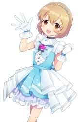 Rule 34 | 1girl, blue bow, blue dress, blush, bow, brooch, brown hair, buttons, clenched hand, commentary, cowboy shot, dodotsuki, dress, flat chest, frilled dress, frilled gloves, frills, gloves, hair between eyes, hairband, hands up, heart, heart brooch, highres, idolmaster, idolmaster cinderella girls, idolmaster cinderella girls u149, jewelry, koga koharu, light brown hair, looking at viewer, open mouth, short hair, sidelocks, smile, solo, waving, white background, white gloves, white hairband