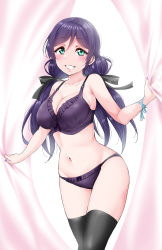 Rule 34 | 1girl, black ribbon, black thighhighs, blue ribbon, bow, bow panties, bra, breasts, cleavage, collarbone, curtain grab, curtains, green eyes, hair between eyes, highres, large breasts, lingerie, long hair, looking at viewer, love live!, love live! school idol project, low twintails, nail polish, navel, panties, purple bra, purple hair, purple nails, purple panties, ribbon, sidelocks, smile, solo, thighhighs, tojo nozomi, twintails, underwear, yopparai oni