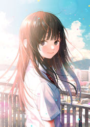 Rule 34 | 1girl, black eyes, blue sky, blunt bangs, brown hair, city, closed mouth, commentary request, day, from behind, highres, long hair, looking at viewer, looking back, nakamura hinata, original, outdoors, railing, red neckwear, shirt, short sleeves, sky, smile, solo, sunlight, tears, upper body, white shirt