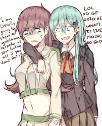 Rule 34 | 10s, 2girls, anger vein, arm around neck, bad anatomy, brown hair, clenched hand, earrings, english text, fang, female focus, green hair, highres, jewelry, kantai collection, kvlen, long hair, midriff, multiple girls, navel, ooi (kancolle), open mouth, profanity, shaded face, skirt, smirk, suzuya (kancolle), troll face, truth, white background