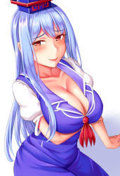 Rule 34 | 1girl, arm support, blue dress, blue hair, blush, breast hold, breasts, cleavage, collarbone, commentary request, dress, hat, kamishirasawa keine, large breasts, long hair, looking at viewer, mimasi osuwari, puffy short sleeves, puffy sleeves, red eyes, short sleeves, simple background, sitting, smile, solo, touhou