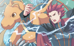 Rule 34 | 1boy, bad id, bad pixiv id, black cape, cape, claws, commentary request, creatures (company), dragonite, electricity, game freak, gen 1 pokemon, jacket, lance (pokemon), long sleeves, male focus, nintendo, open mouth, pokemon, pokemon (creature), pokemon hgss, red hair, short hair, spiked hair, teeth, tongue, upper body, xichii