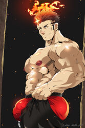 Rule 34 | 1boy, abs, absurdres, ass lift, bara, boxers, bulge, bulge lift, debris, dressing, feet out of frame, fiery hair, fire, flaming halo, from side, halo, highres, i&#039;ve never seen a guy recreate this successfully tbh (meme), large bulge, large pectorals, long sideburns, looking at viewer, looking to the side, male focus, male underwear, mature male, meme, muscular, muscular male, navel, nipples, open pants, pants, pants lift, pectorals, red male underwear, rougantoreenaa, short hair, sideburns, smile, solo, sparse stubble, stomach, thick eyebrows, tokyo houkago summoners, topless male, undersized clothes, underwear, v-shaped eyebrows, zabaniyya (housamo)