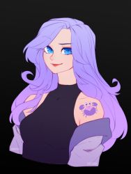 Rule 34 | 1girl, absurdres, arm tattoo, black background, black sweater, blue eyes, breasts, commentary, english commentary, highres, jacket, long hair, looking at viewer, mamavale, medium breasts, off shoulder, purple hair, purple jacket, sleeveless, sleeveless sweater, smile, solo, sweater, tattoo, theartgun, upper body, virtual youtuber, vshojo
