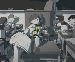 Rule 34 | :d, absurdres, avogado6, bag, brown hair, brown sailor collar, brown skirt, chalkboard, classroom, colored skin, commentary request, desk, giving, grey eyes, highres, holding, indoors, looking at viewer, math, notebook, open mouth, original, pants, plant, potted plant, pov, pov hands, sailor collar, school bag, school desk, school uniform, serafuku, shirt, skirt, sleeping, smile, symbolism, teacher, twintails, white pants, white shirt, white skin