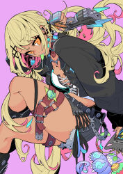 Rule 34 | 1girl, absurdres, black nails, blonde hair, boots, breasts, candy, chain, cleavage, closed mouth, collar, dark-skinned female, dark skin, ear piercing, earrings, fang, fingernails, food, gun, gyaru, hair ornament, highres, holding, holding gun, holding weapon, jacket, kaminari qpi, kaminari qpi (3rd costume), lightning bolt earrings, lightning bolt symbol, lollipop, long hair, looking at viewer, medium breasts, midriff peek, orange eyes, piercing, pink background, simple background, skull, solo, spiked necklace, swept bangs, teeth, tetsu booya, thick thighs, thigh strap, thighs, upper teeth only, virtual youtuber, vspo!, weapon, x hair ornament