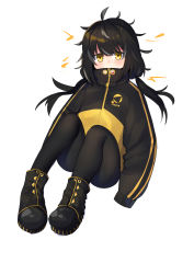 Rule 34 | 1girl, absurdres, black footwear, black hair, black jacket, black pantyhose, boots, covered mouth, creatures (company), full body, game freak, gen 8 pokemon, hair between eyes, high collar, highres, jacket, knees up, long hair, long sleeves, looking at viewer, low twintails, moti yousei, nintendo, pantyhose, personification, pincurchin, pokemon, simple background, sleeves past fingers, sleeves past wrists, solo, twintails, white background, yellow eyes, yellow jacket