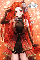 Rule 34 | 1girl, blush, breasts, cleavage, dress, earrings, grin, guardian tales, hair ornament, highres, jewelry, korean text, large breasts, long hair, looking at viewer, orange hair, parted bangs, pikandong, red dress, red eyes, scarlet (guardian tales), simple background, smile, solo, speech bubble, v