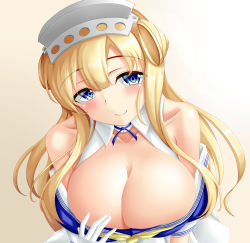 Rule 34 | bad id, bad pixiv id, blonde hair, blue eyes, breasts, cleavage, fletcher (kancolle), gloves, gradient background, hand on own chest, headgear, hemosianin, kantai collection, large breasts, long hair, smile, solo, white gloves