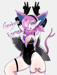 Rule 34 | 1girl, animal ears, armpits, arms up, black gloves, black hairband, black leotard, blush, breasts, bright pupils, cat ears, cat girl, cat tail, character name, cleavage, colored skin, covered navel, cowboy shot, creatures (company), ddingyong, double w, elbow gloves, english text, espeon, fang, female focus, fishnet leotard, forked tail, fur collar, fusion, game freak, gardevoir, gen 2 pokemon, gen 3 pokemon, gloves, grey background, groin, hair ornament, hair over one eye, hair tie, hairband, happy, highres, huge weapon, large breasts, leotard, looking at viewer, ninja, nintendo, one eye covered, open mouth, pink hair, pokemon, pokemon (creature), purple eyes, shiny skin, short hair, shuriken, simple background, smile, solo, standing, tail, tail raised, thick thighs, thigh strap, thighs, twintails, w, weapon, weapon on back, white pupils, white skin, wide hips