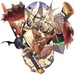 Rule 34 | 10s, 1girl, belt bra, breasts, brown eyes, clover, dark-skinned female, dark skin, four-leaf clover, full body, guilty gear, guilty gear xrd, hat, huge weapon, large breasts, last period, ramlethal valentine, revealing clothes, shorts, skindentation, solo, thigh strap, thighs, transparent background, weapon, white hair, white hat, white shorts