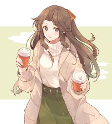 Rule 34 | 1girl, alternate costume, blush, bow, breasts, brown coat, brown eyes, brown hair, coat, cup, disposable cup, green skirt, hair bow, holding, holding cup, jintsuu (kancolle), kantai collection, long hair, long sleeves, open mouth, orange bow, shakemi (sake mgmgmg), sidelocks, simple background, skirt, solo, steam, sweater, turtleneck, turtleneck sweater, two-tone background, white sweater