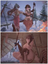 Rule 34 | 2girls, 2koma, amputee, bdsm, bondage, bound, breasts, brown hair, comic, completely nude, cum, cum in mouth, defeat, guro, highres, holding, holding weapon, large breasts, long hair, multiple girls, nipple piercing, nipples, nude, original, pelt, piercing, skirt, snow, suspension, tent, topless, warrior, weapon, xy