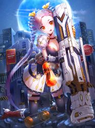 Rule 34 | 1girl, :p, belt, blush, boots, breasts, canister, cityscape, cleavage, contrail, drill hair, full body, gun, hair ornament, hair ribbon, hairclip, high heel boots, high heels, huge weapon, kfr, knee boots, kneeling, light purple hair, looking at viewer, moon, night, night sky, orange eyes, original, pouch, red footwear, ribbon, road sign, science fiction, sign, skirt, sky, solo, star (symbol), tongue, tongue out, twin drills, weapon
