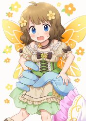 Rule 34 | 1girl, 1other, ahoge, apron, black bow, black bowtie, black ribbon, blue eyes, blue gloves, blush, bow, bowtie, breasts, brown apron, brown footwear, brown hair, brown shirt, collarbone, corset, dot nose, fairy wings, fake wings, floral background, floral print, flower, frilled apron, frills, fur-trimmed legwear, fur trim, gloves, grabbing, green corset, green skirt, hair flower, hair ornament, heart, hiiringu, idolmaster, idolmaster million live!, idolmaster million live! theater days, jewelry, lace, lace-trimmed shirt, lace trim, long sleeves, looking at viewer, necklace, open mouth, orange flower, print apron, ribbon, shirt, short hair, short sleeves, skirt, small breasts, suou momoko, sweatdrop, wavy hair, white background, wince, wings, yellow flower