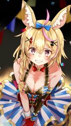 1girl animal_ears bare_shoulders blonde_hair blush bow braid breasts cleavage club_hair_ornament collarbone commentary confetti diamond_hair_ornament elbow_gloves facial_mark fox_ears fox_girl gloves grin hair_between_eyes hair_ornament heart heart_hair_ornament heart_in_eye highres hololive long_hair looking_at_viewer medium_breasts multicolored_hair omaru_polka omaru_polka_(1st_costume) own_hands_together pink_hair playing_card_theme purple_eyes single_elbow_glove single_glove smile solo spade_hair_ornament streaked_hair string_of_flags symbol_in_eye virtual_youtuber wrist_cuffs x_hair_ornament yuyaiyaui