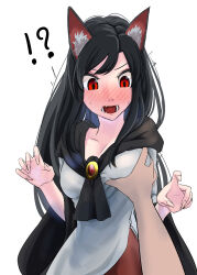 Rule 34 | !?, 1girl, animal ears, blush, breasts, brooch, brown hair, dress, fang, grabbing, grabbing another&#039;s breast, highres, imaizumi kagerou, jewelry, large breasts, long hair, long sleeves, open mouth, pov, pov hands, red eyes, simple background, skirt, surprised, sweat, tail, tenamaru, touhou, white background, wide sleeves, wolf ears, wolf tail