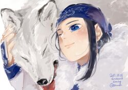 Rule 34 | 1girl, 2017, 3200mg, affectionate, ainu, asirpa, black hair, blue eyes, blue headband, cloak, close-up, closed eyes, commentary request, dated, earrings, fur cloak, golden kamuy, headband, highres, hoop earrings, hug, jewelry, long hair, nuzzle, one eye closed, sidelocks, smile, tongue, tongue out, wolf
