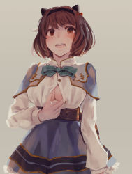 Rule 34 | 10s, 1girl, blush, breasts, brown background, brown eyes, brown hair, cleavage, draph, female focus, granblue fantasy, highres, large breasts, looking at viewer, noccu, open mouth, paizuri invitation, short hair, simple background, smile, solo, yaia (granblue fantasy)