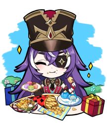 Rule 34 | 1girl, :t, ^ ^, absurdres, black hat, box, chevreuse (genshin impact), chibi, closed eyes, commentary request, earmuffs, earmuffs around neck, eyepatch, facing viewer, food, french fries, genshin impact, gift, gift box, hat, highres, holding, holding food, long hair, macaron, mole, mole under mouth, multicolored hair, onion rings, purple hair, shako cap, smile, solo, streaked hair, tegitsune, upper body, very long hair, white hair