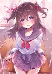 Rule 34 | 1girl, :d, black bra, blush, bra, bra visible through clothes, branch, brown hair, chair, collarbone, commentary request, curtains, desk, flower, hair between eyes, hair ornament, hair ribbon, hairclip, head tilt, highres, indoors, long hair, long sleeves, looking at viewer, moe2019, mole, on desk, open mouth, original, panties, panty pull, pink flower, pleated skirt, purple eyes, purple panties, purple sailor collar, purple skirt, red ribbon, ribbon, sailor collar, school chair, school desk, see-through, shirt, side-tie panties, sitting, on desk, skirt, smile, solo, sunlight, transparent, two side up, underwear, untied panties, wet, wet clothes, wet shirt, white shirt, yukimiya yuge