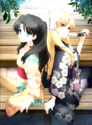 Rule 34 | 2girls, absurdres, aqua eyes, arm support, back-to-back, black hair, black kimono, blonde hair, blue eyes, brown eyes, drill hair, fate/kaleid liner prisma illya, fate (series), female focus, floral print, hair ribbon, hand fan, highres, japanese clothes, kimono, long hair, long sleeves, looking at viewer, luviagelita edelfelt, multiple girls, neck, ribbon, sash, smile, source request, tohsaka rin, two side up, type-moon, wide sleeves, yellow kimono