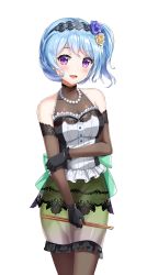 Rule 34 | 1girl, absurdres, bang dream!, black dress, blue hair, dress, drumsticks, earrings, flower, gloves, hair flower, hair ornament, highres, jewelry, light blue hair, looking at viewer, lunacle, matsubara kanon, necklace, one side up, open mouth, purple eyes, rose, smile, solo, white background
