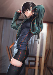 Rule 34 | 1girl, absurdres, black hair, black shirt, black shorts, black thighhighs, blunt bangs, breasts, brown eyes, commentary request, cowboy shot, dynamotor, ear piercing, earrings, gold earrings, green jacket, highres, indoors, jacket, jewelry, long hair, long sleeves, open clothes, open jacket, orange stripes, original, piercing, ponytail, shirt, short shorts, shorts, skin tight, sleeves past wrists, small breasts, solo, sportswear, striped, thighhighs, thighs, vertical stripes, wireless earphones