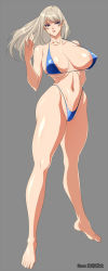 1girl areola_slip bikini blonde_hair blue_bikini blue_eyes breasts collarbone covered_erect_nipples curvy female_focus full_body highres huge_breasts large_breasts long_hair looking_at_viewer navel noriheita original parted_lips simple_background solo standing string_bikini swimsuit wide_hips