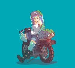 Rule 34 | 1girl, aqua background, aqua thighhighs, backpack, bag, bare shoulders, black footwear, blue eyes, blue hair, blush, boots, bra, bra strap, buckle, candy, casual, denim, denim shorts, food, full body, glint, green background, green jacket, green thighhighs, hair bobbles, hair ornament, hat, highres, jacket, kawashiro nitori, lemon gear (absent lights), lollipop, looking away, looking to the side, matching hair/eyes, motor vehicle, motorcycle, mouth hold, off shoulder, open clothes, open jacket, short hair, shorts, simple background, sitting, solo, tank top, thighhighs, touhou, two side up, underwear, unworn backpack, unworn bag, unzipped, vehicle