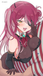 Rule 34 | 1boy, 1girl, ascot, bare shoulders, black leotard, blush, breast press, breasts, brooch, brown gloves, brown pantyhose, cleavage, elbow gloves, eyepatch, gloves, hair bun, hair over one eye, heart, heart-shaped pupils, highres, hololive, houshou marine, houshou marine (marching band), jewelry, large breasts, leotard, long hair, looking at viewer, open mouth, pantyhose, red hair, see-through, see-through cleavage, sharp teeth, side ponytail, simple background, smile, solo focus, sweat, symbol-shaped pupils, teeth, vinhnyu, virtual youtuber, white background, yellow eyes