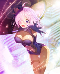 Rule 34 | 1girl, armor, armored dress, armpits, bad id, bad pixiv id, black thighhighs, blush, breasts, cleavage cutout, clothing cutout, elbow gloves, fate/grand order, fate (series), gloves, hair over one eye, large breasts, leaning forward, looking at viewer, mash kyrielight, navel cutout, purple eyes, purple gloves, purple hair, purple thighhighs, ratio (ratio-d), reaching, reaching towards viewer, shield, short hair, solo, thigh gap, thigh strap, thighhighs, thighs