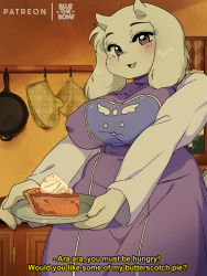 Rule 34 | 1980s (style), 1girl, animal, ara ara, bluethebone, blush, breasts, cake, covered erect nipples, dress, english text, fang, food, frying pan, furry, furry female, goat, highres, holding, holding plate, horns, indoors, kitchen, large breasts, long sleeves, looking at viewer, mature female, oldschool, open mouth, oven mitts, pie, plate, purple eyes, retro artstyle, skin fang, smile, solo, subtitled, toriel, undertale, white fur, wide hips